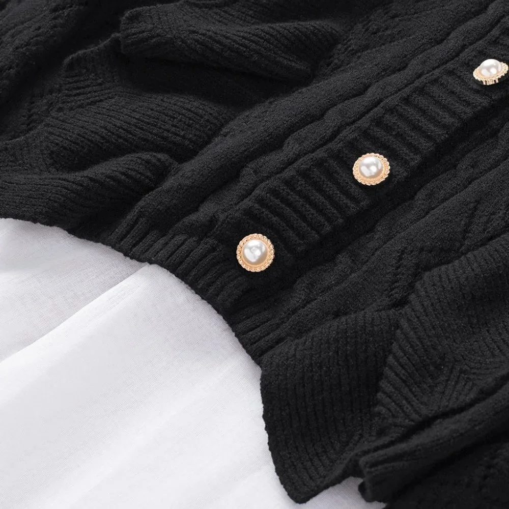 Black Ruffled Buttoned Open Front Knitted Sweater - Picture 11 of 16
